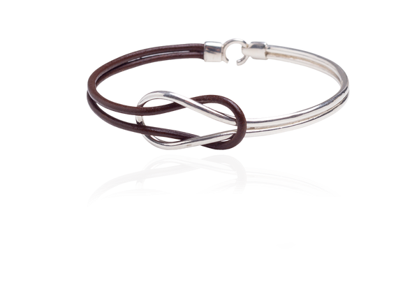 Desktop:  Bracelete Double Knot Prata e Couro Marrom