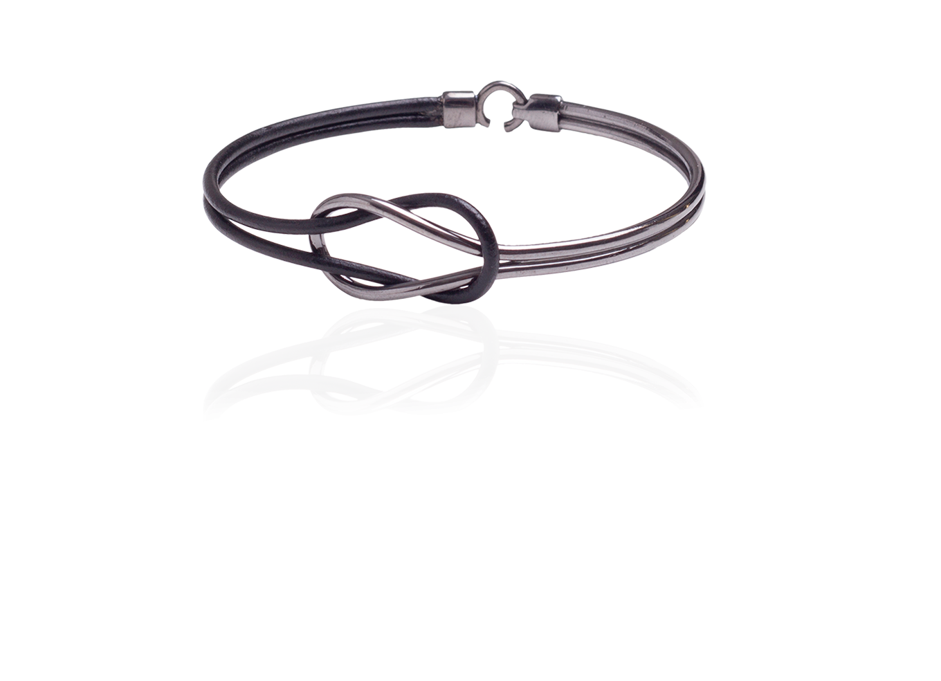 Bracelete Double Knot Ródio Negro e Couro Preto