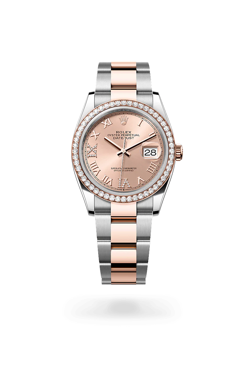 Rolex Datejust 36 Oyster, 36 mm, aço Oystersteel, ouro Everose e diamantes M126281RBR-0016