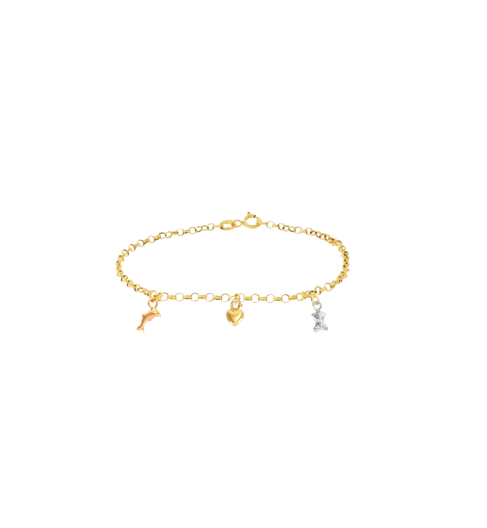 Pulseira Infantil com Pingentes Urso, Golfinho e Coração